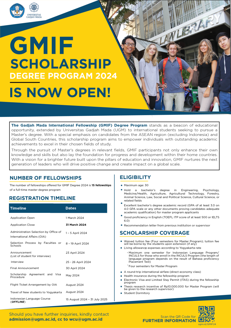 GADJAH MADA INTERNATIONAL FELLOWSHIP (GMIF) SCHOLARSHIP 2024 – Admission